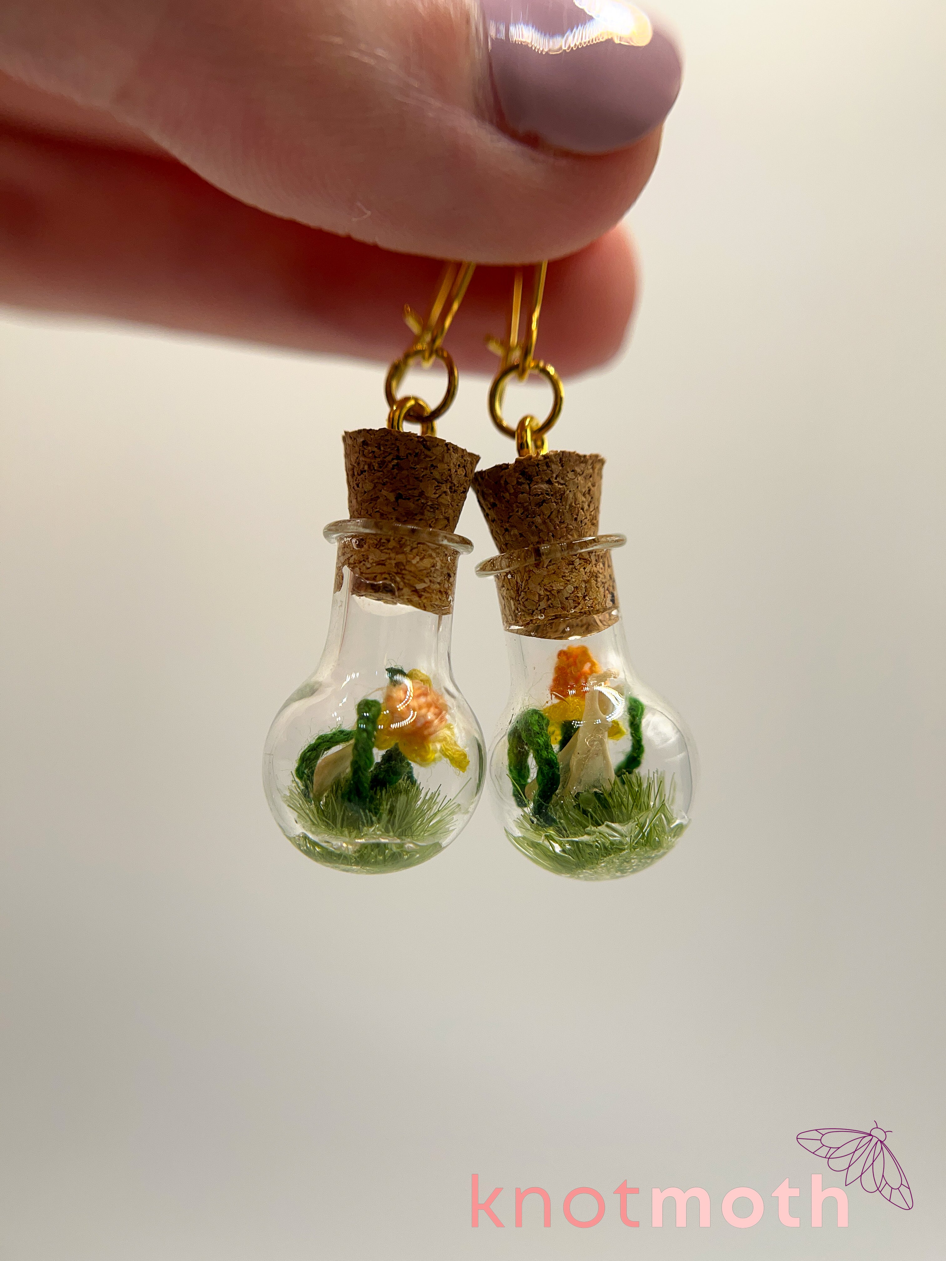 daffodil & scapula bone micro crochet mini jar earrings knot moth
