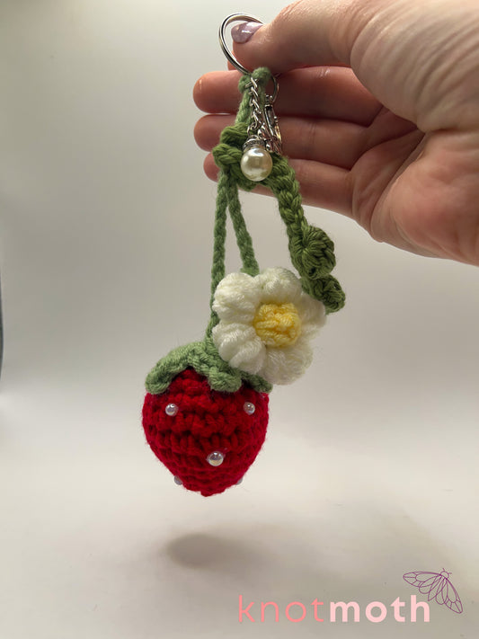 strawberry & flower crochet keychain