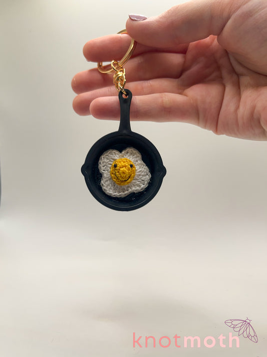 fried egg skillet micro crochet keychain