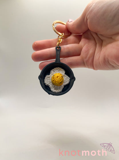 fried egg skillet micro crochet keychain