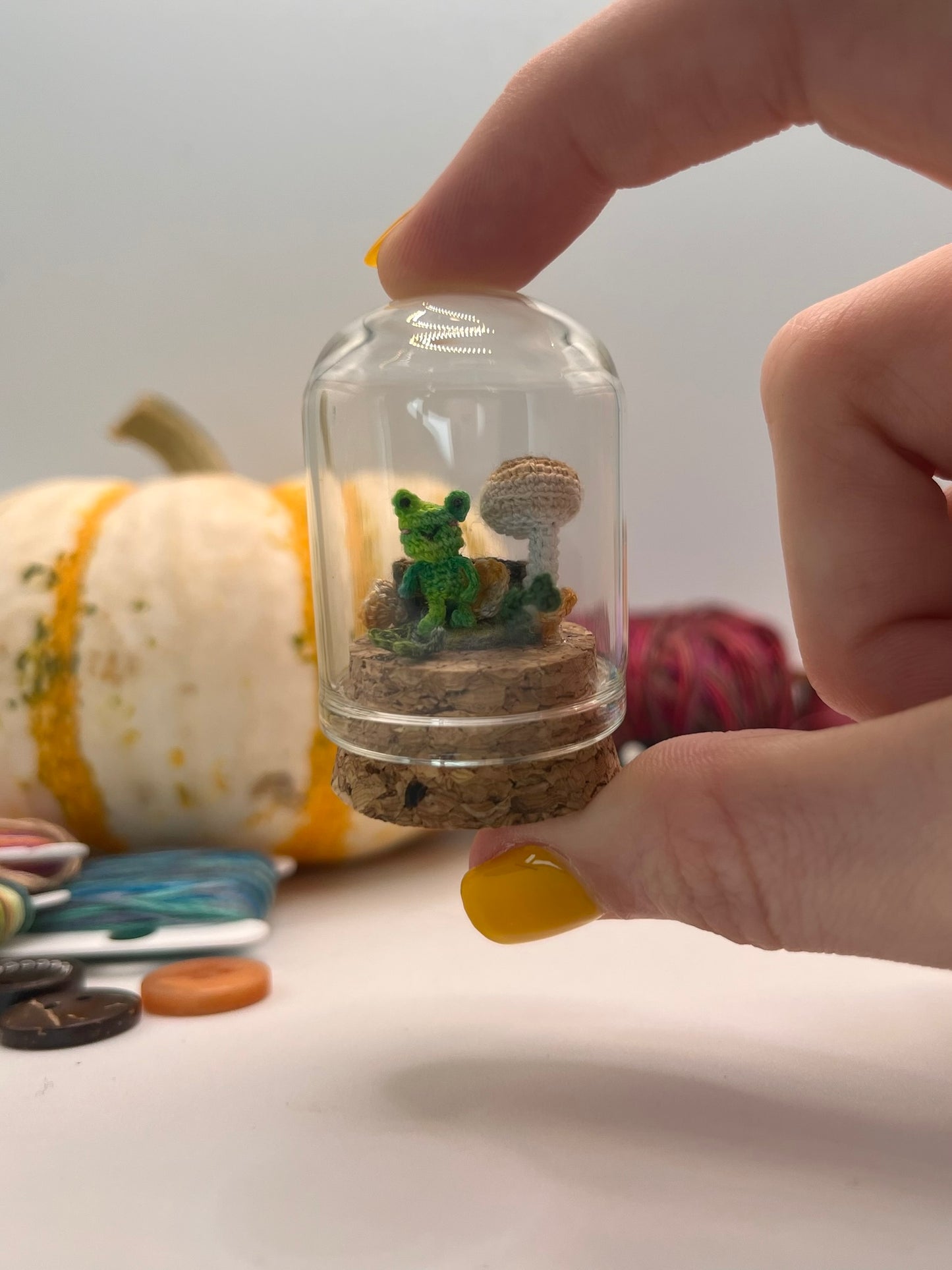 fred frog in a log · mushroom forest floor dome jar scene