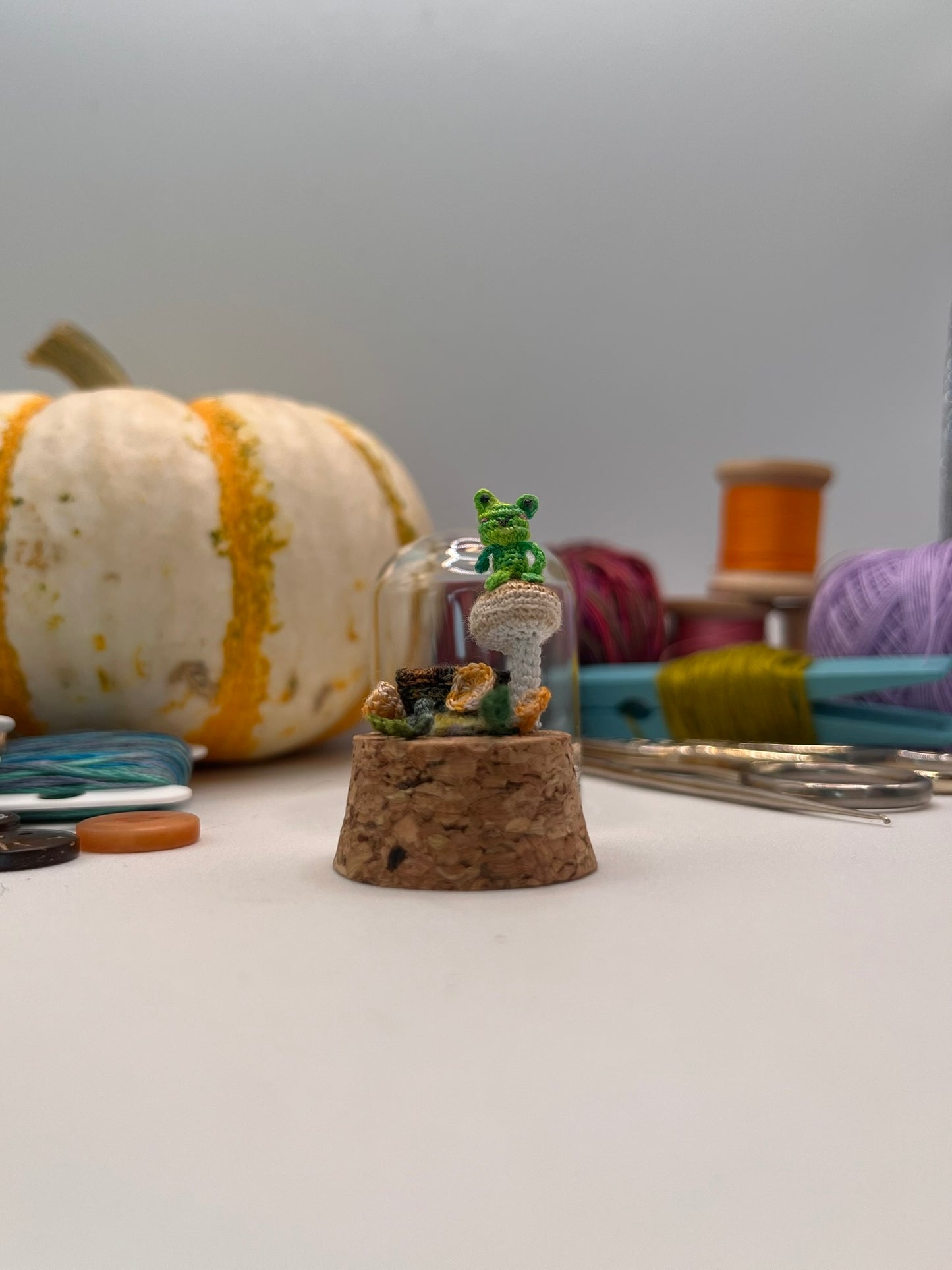 fred frog in a log · mushroom forest floor dome jar scene