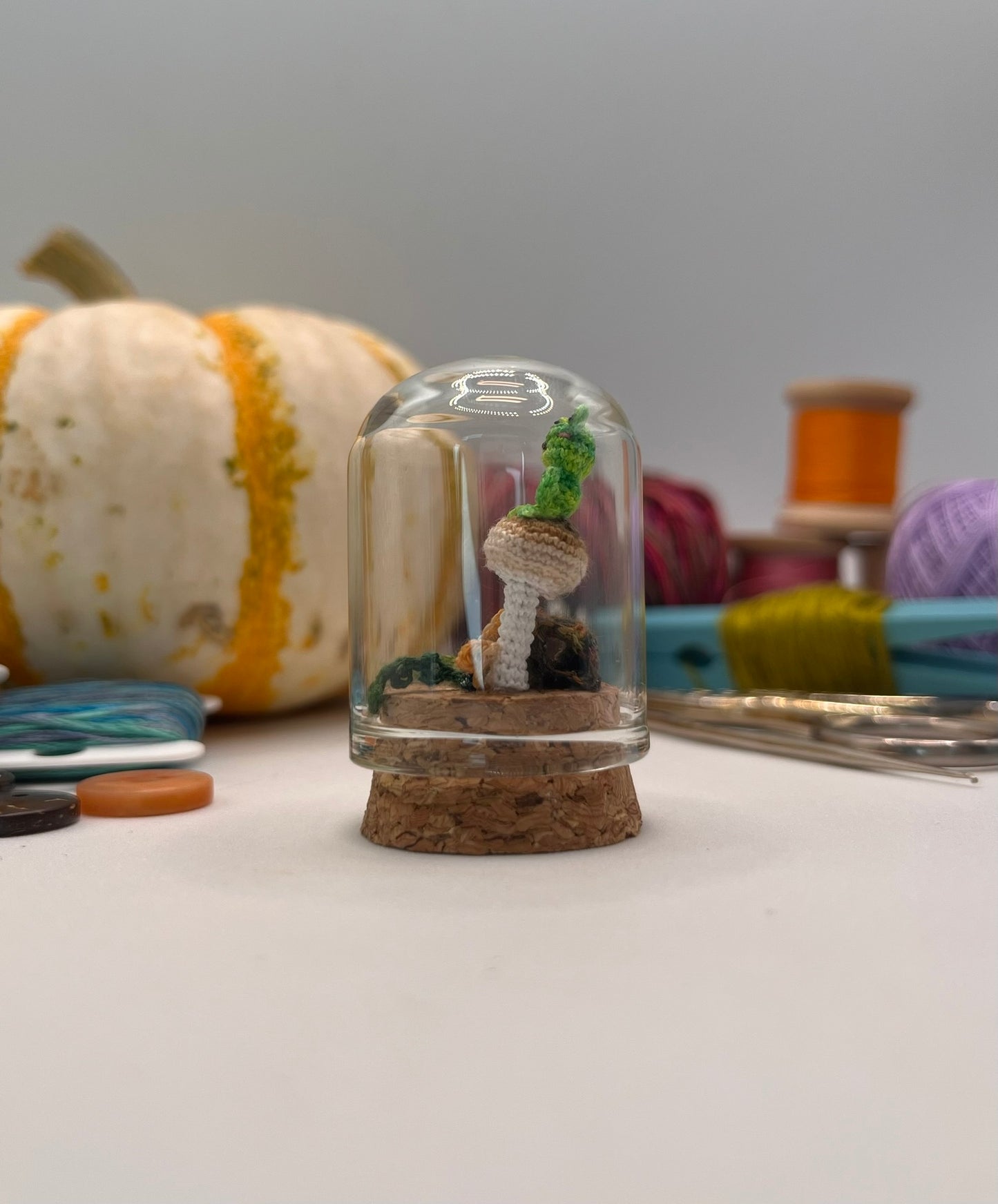 fred frog in a log · mushroom forest floor dome jar scene