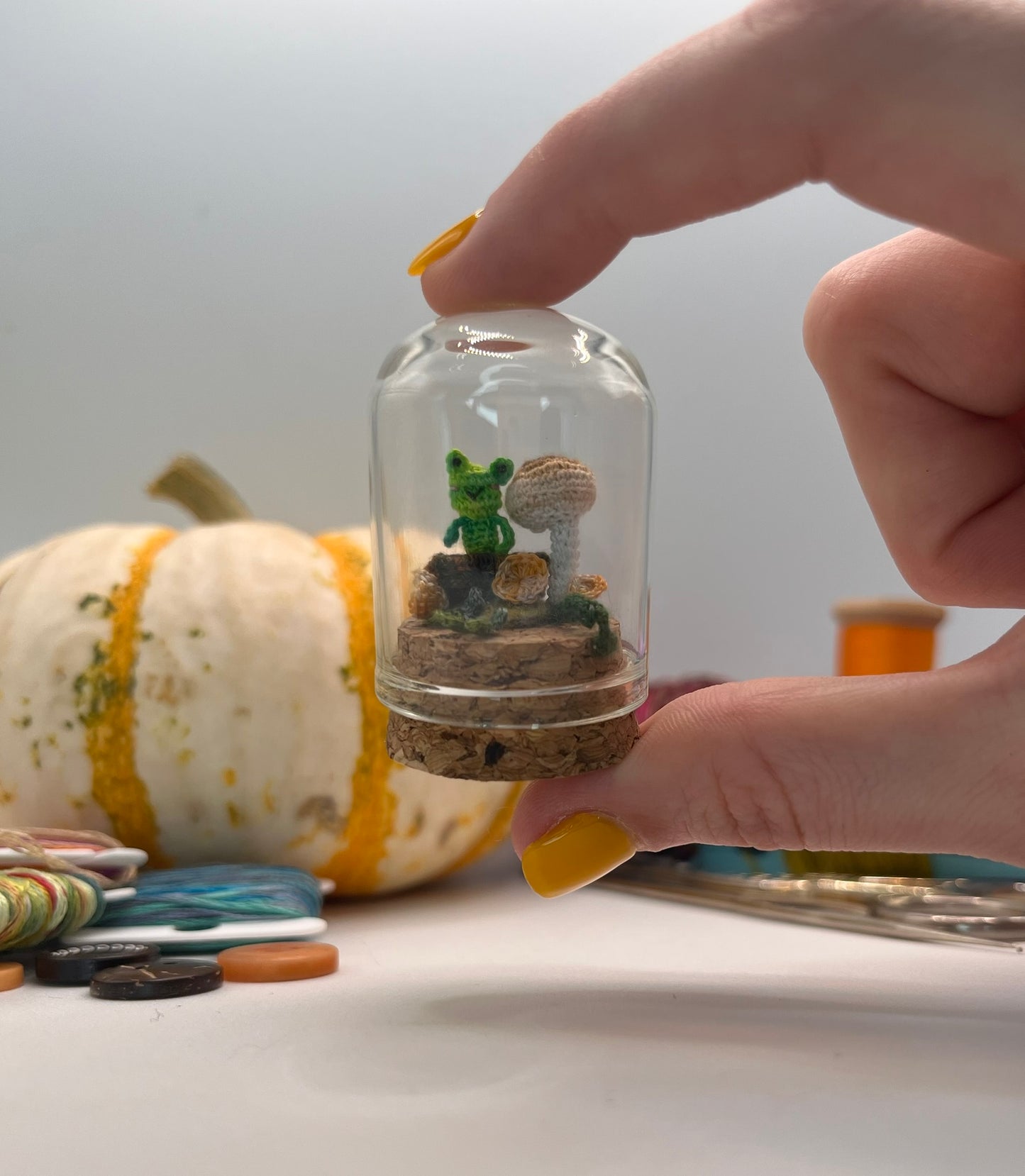 fred frog in a log · mushroom forest floor dome jar scene